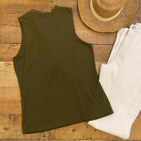 Olive Green Ruffled Sleeveless Top Small Studded Details Around Neckline - Picture 4 of 7